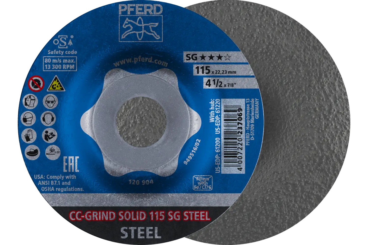 Picture of Pferd Grinding disc, CC-Grind®-Solid, 4-1/2" x 7/8, SG Steel, Ceramic